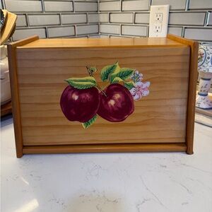 Vintage hand painted wooden bread box with apple design
